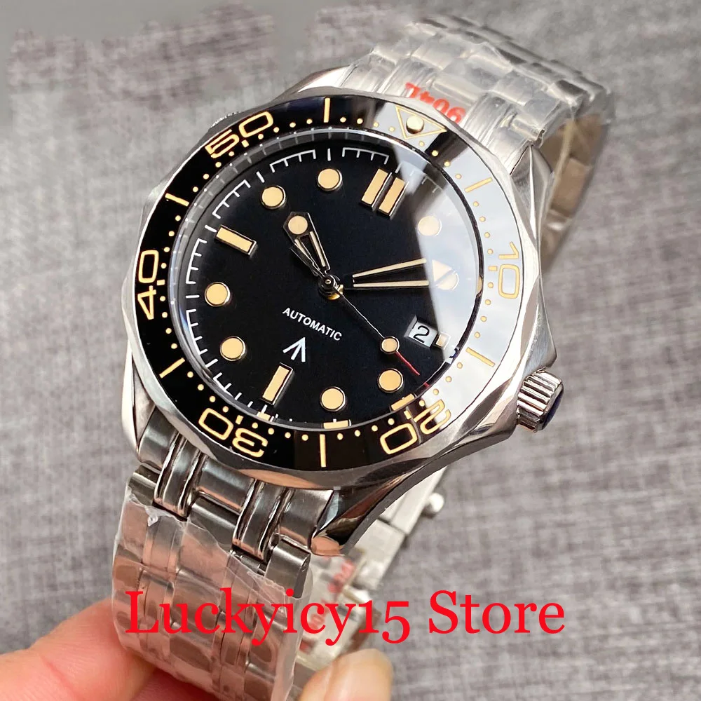 BLIGER 41mm Automatic Men Black Watch NH35A PT5000 Movement Glass Back Rotating Bezel Luminous Marks Sapphire Glass Steel Band