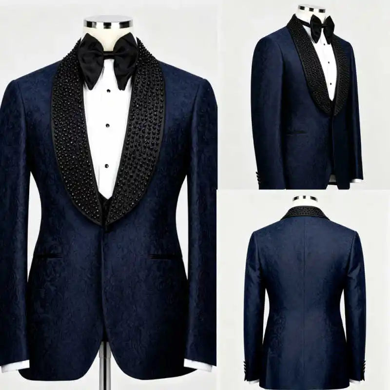 Elegant Men's 2-Piece Suit Beaded Lapel Dobby Blazer & Pants Formal Ensemble for Luxury Events & Gala Celebrations Customized