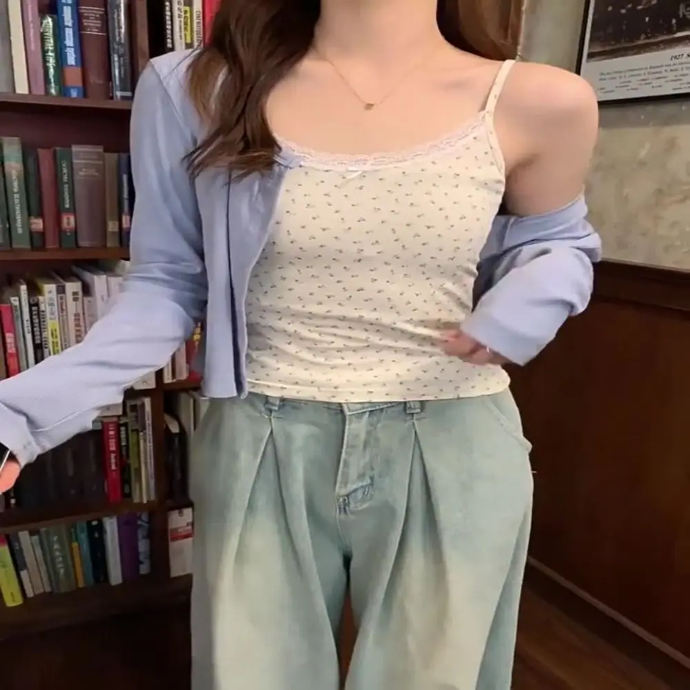Sweet Floral Tops Lace Flower Print Camis Elegant Slim Floral Tank Tops Y2K Camisole Sexy Vest Spring