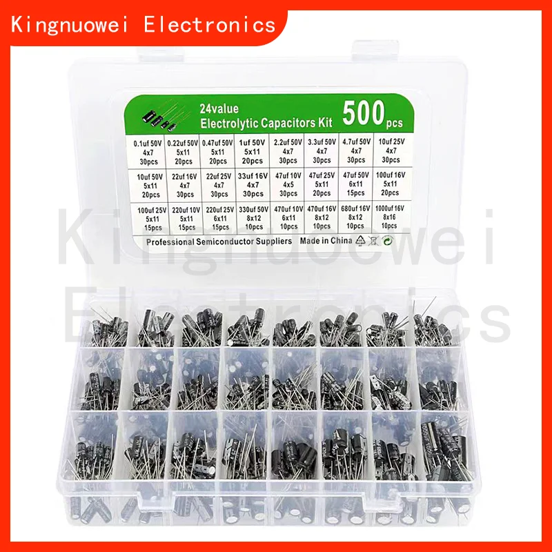 500pcs 24value Electrolytic Capacitors Kit 10V 16V 25V 50V 1uf-1000uf mix Electrolytic capacitor Assorted kit and storage box