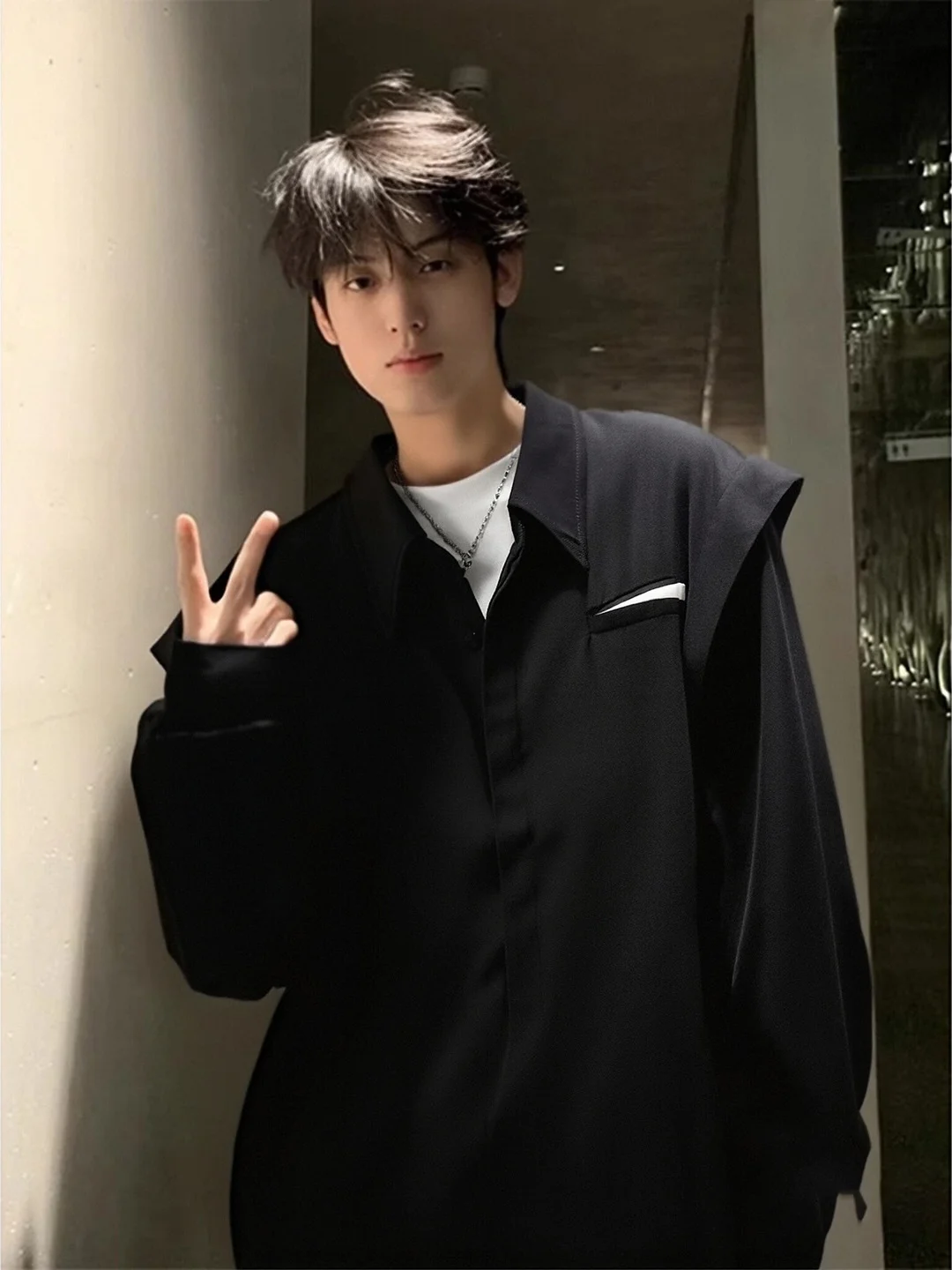 

oulder Pad Long Sve Men's irt Spring Autumn Cleanfit Outerwear Inner Design Trendy Youth Casual Faion Outerwear