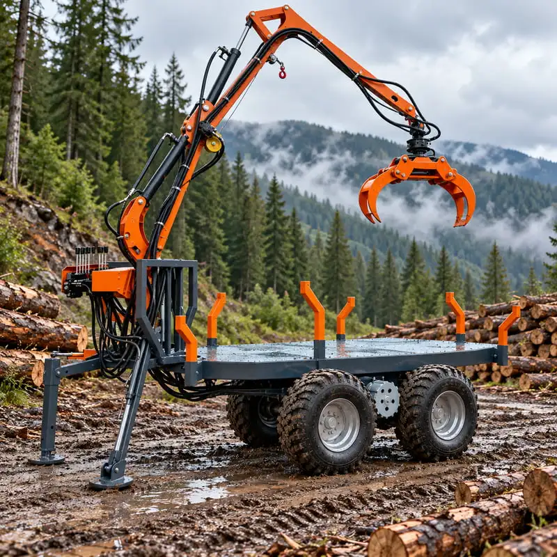Wood Loading Crane Customized for Log Loading and Hauling Using Secure Log Stakes Robust Hydraulic Timber Crane