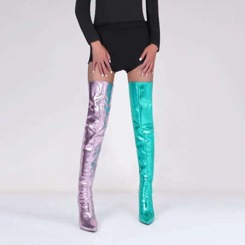

Boots Woman Sexy Metallic Leather 11CM High Heels Women Shoes Over The Knee Boots Pointed Toe Stilettos Rear Zipper Long Boots