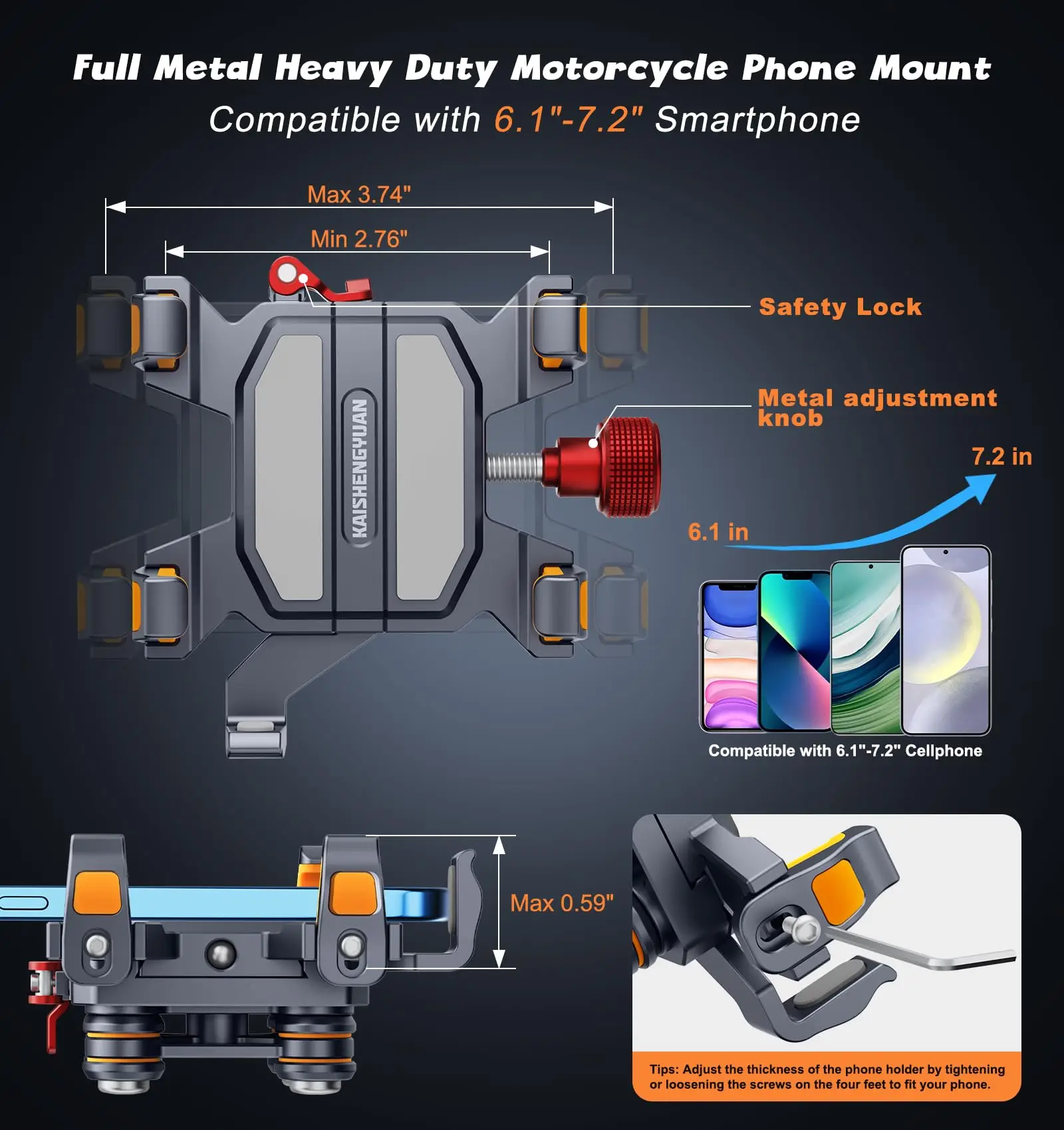Aluminum Motorcycle Phone Mount Holder with Vibration Dampener & High-Speed Secure Lock for 6"-7.2" Phone