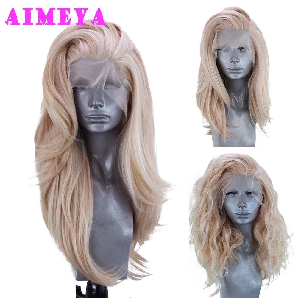 AIMEYA Mix Blonde Wig Long Natural Wave Synthetic Lace Hair Heat Resistant Lace Front Wig Loose Curly Daily Use Cosplay Wigs