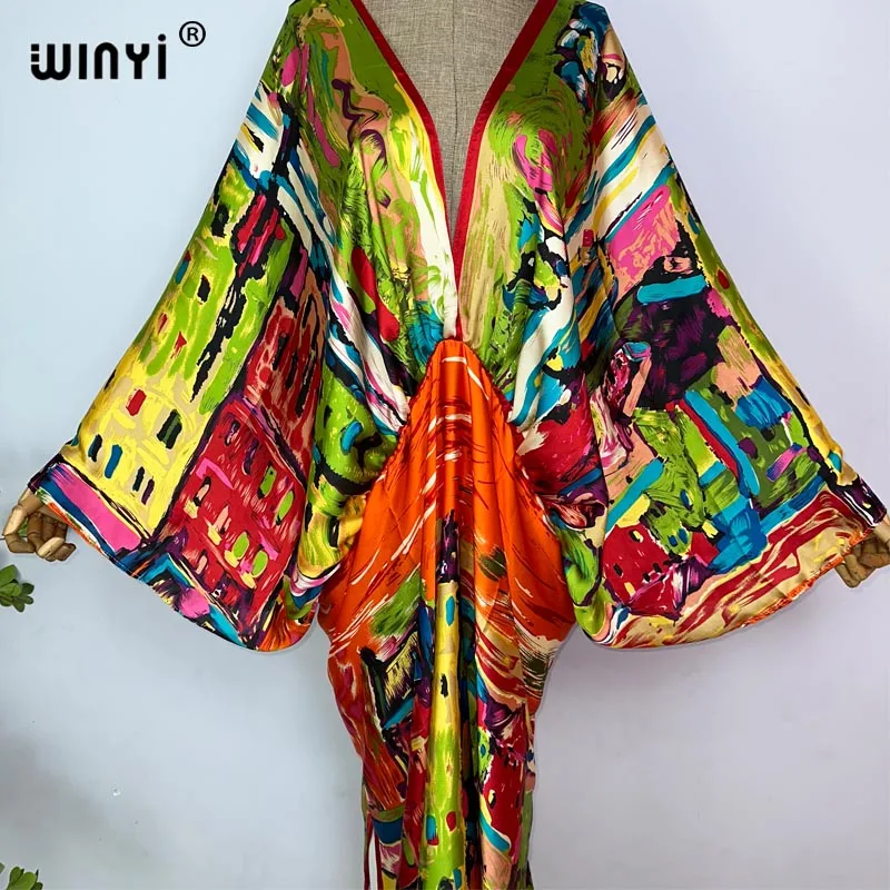 2023 WINYI Sexy Beach High-Quality Silk Feel Fashion Print Maxi Women's Robes Long V-Neck Bohemian Dress Party Evening Dress