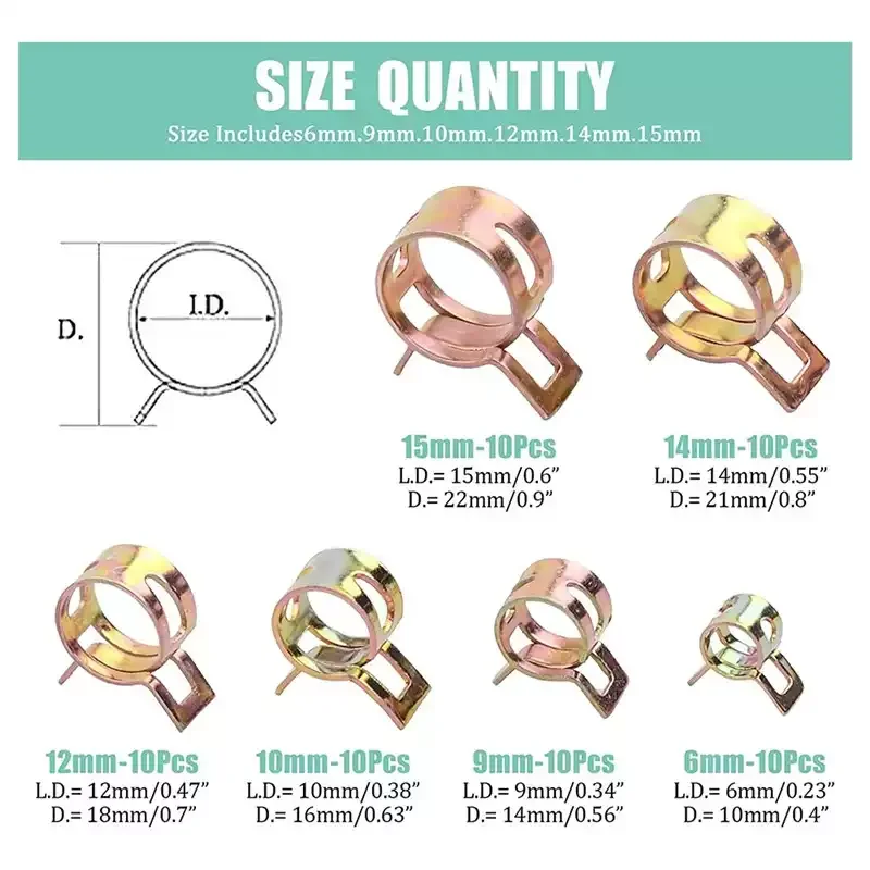 60 pieces of 6-15mm spring hose clamps or pliers, zinc-plated d Gas Water Hose Clamp Metal Tools Assortment Kit