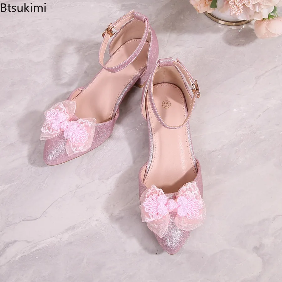 2026 Summer New Girls' Sandals Fashion Pointy Toe Solid Color Flower Cute Princess Sandals Middle Large Children's Party Shoes