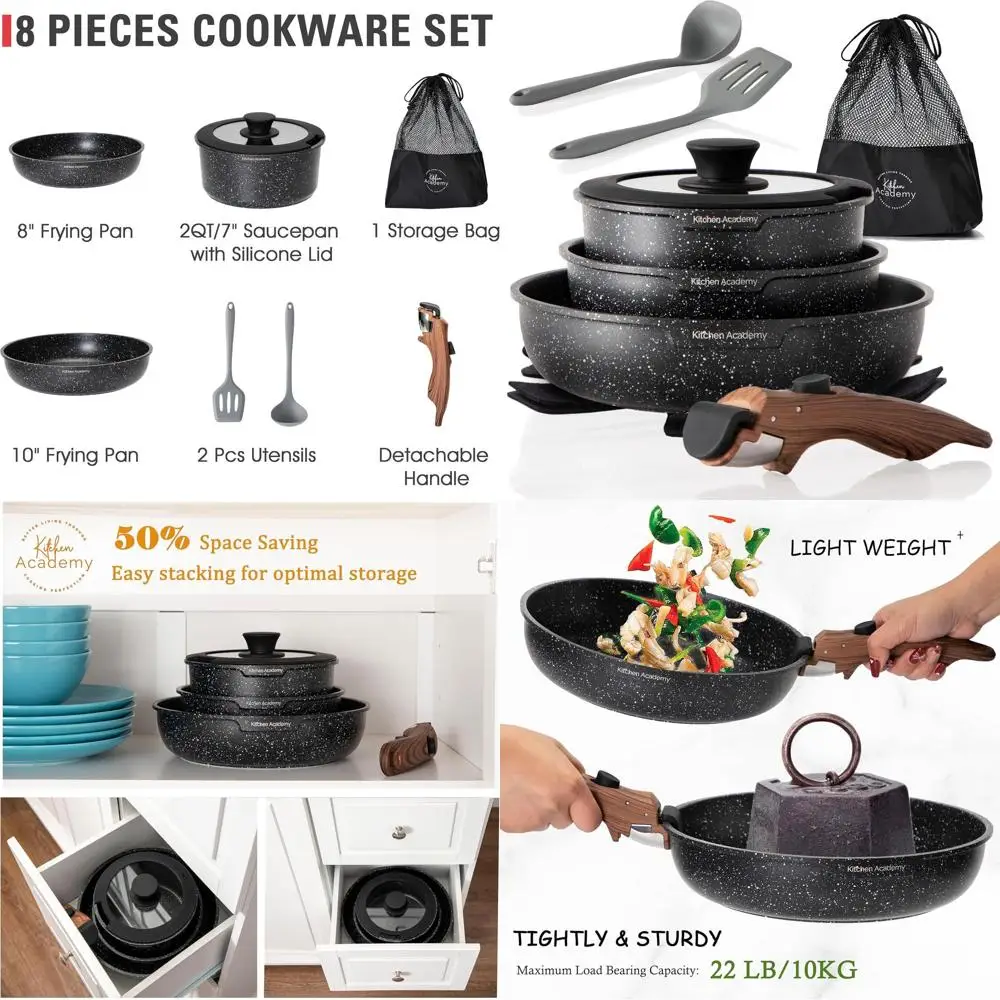 

10-Piece Stackable Non-stick Induction Cookware Set with Removable Handles, Black Granite RV-Friendly Camp Pots and Pans