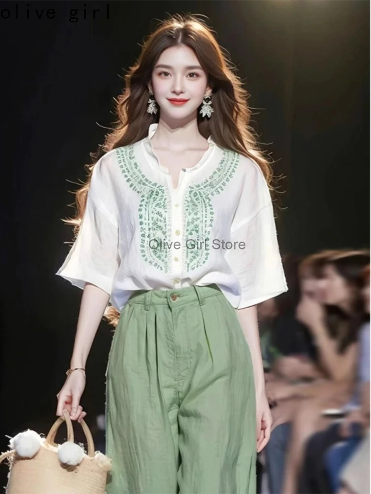 

Summer Green Pant Set Blouse Gentle Temperament Lace Top Green Wide Leg Pants Clothing Two Piece Sets Womens Outifits