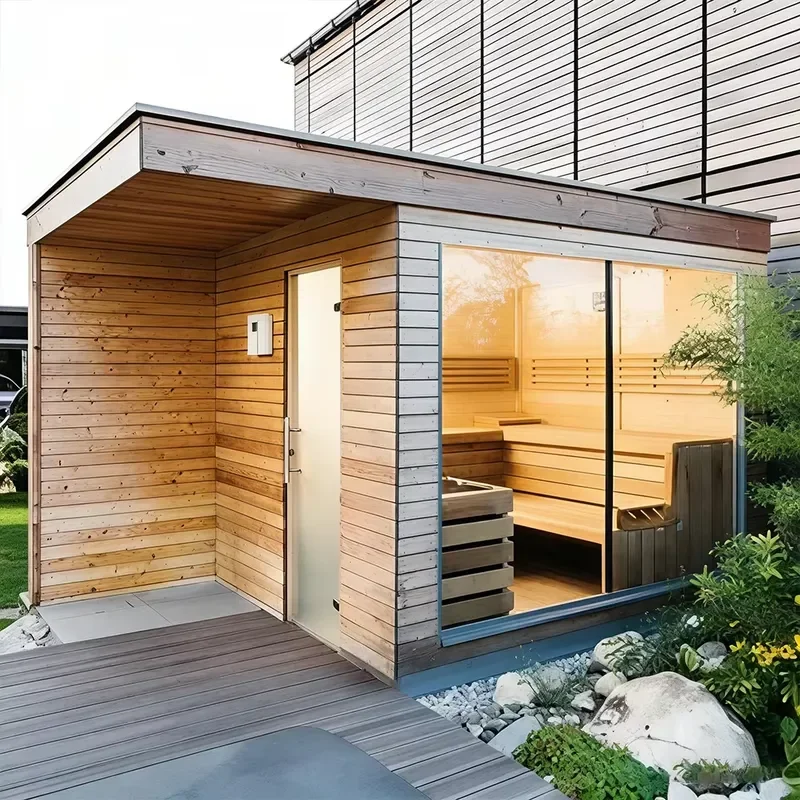 High End Home Hybrid Wooden Combi Sauna Electric Rectangle Dry Outdoor Structure Large Steam Room Villa Courtyard