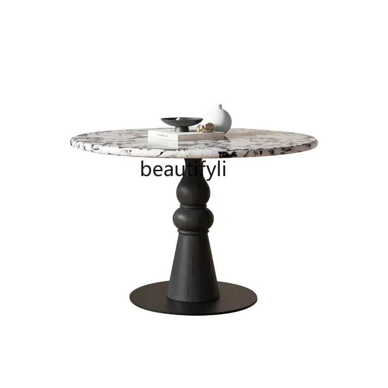 French retro style round dining table household marble negotiation table light luxury dining table