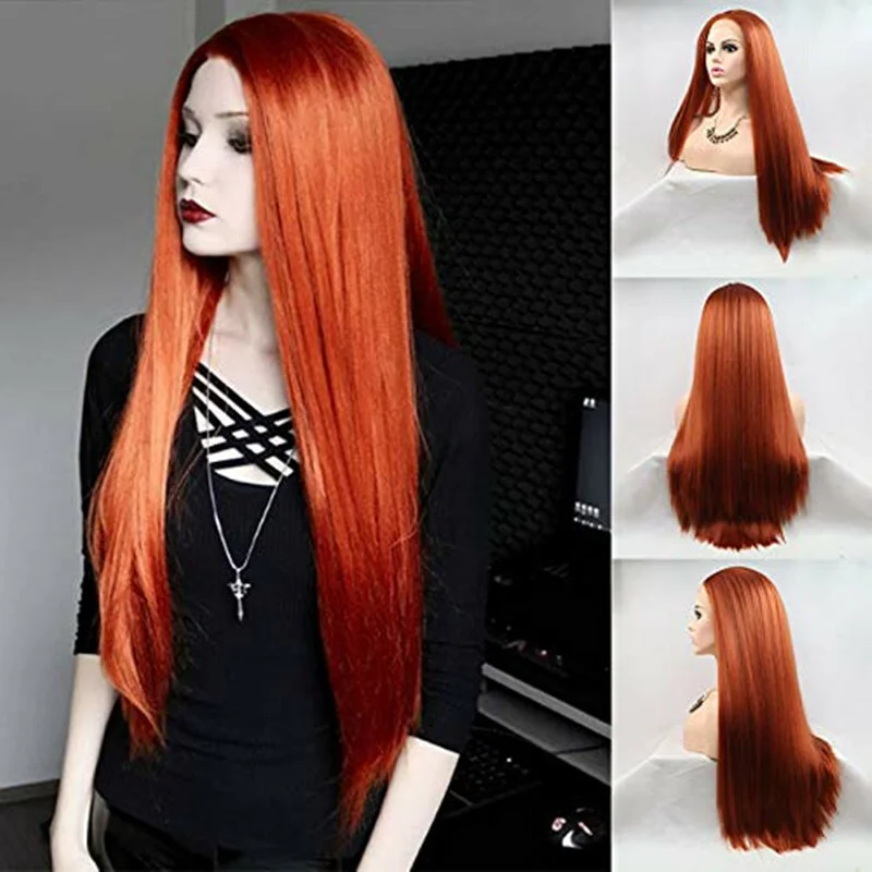 Copper Red Orange Lace Front Straight Synthetic Long Wig For Woman Cosplay US