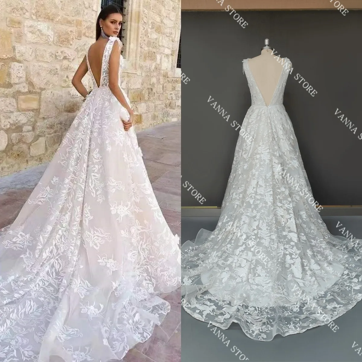 

Real Photos White A-Line Applique Lace V-neck Wedding Dress with Court Train Sleeveless Bridal Gown Vestidos De Novia#11525