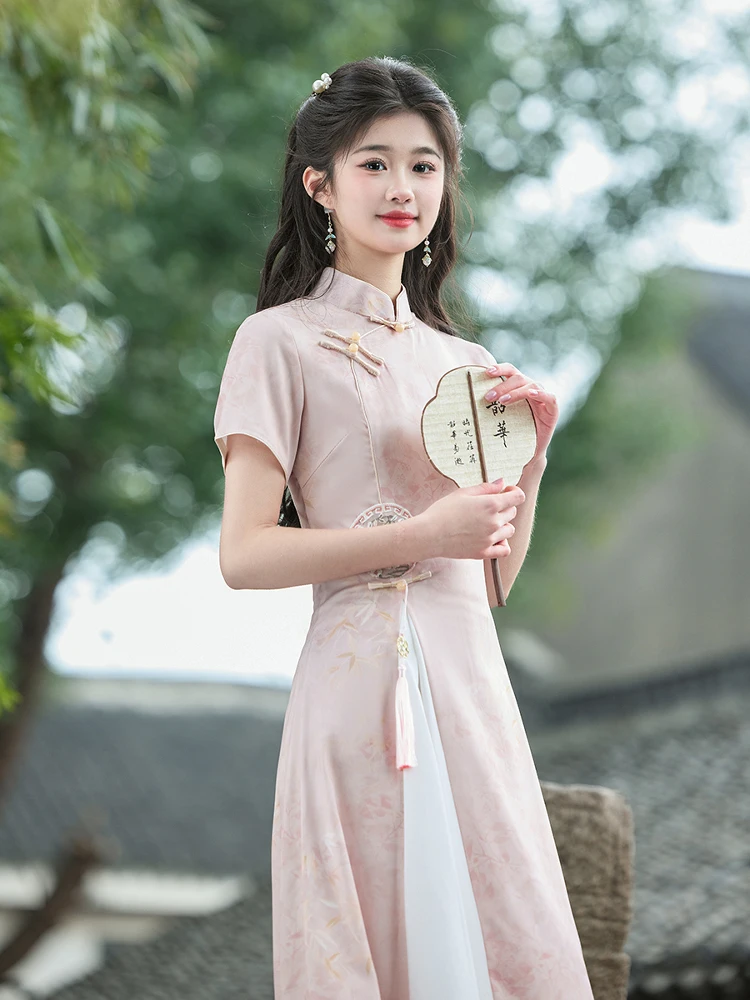 

Young Women's Pink Dr Traditional Chinese Sle Daily Wear Comfortable Breathable ort Sve Midi Dr