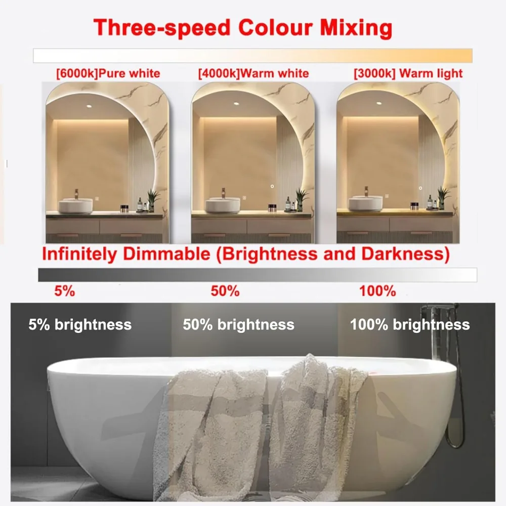 Espelho de banheiro LED semicírculo montado na parede com design de vaidade sem moldura e tecnologia Smart Touch, com luz de três cores