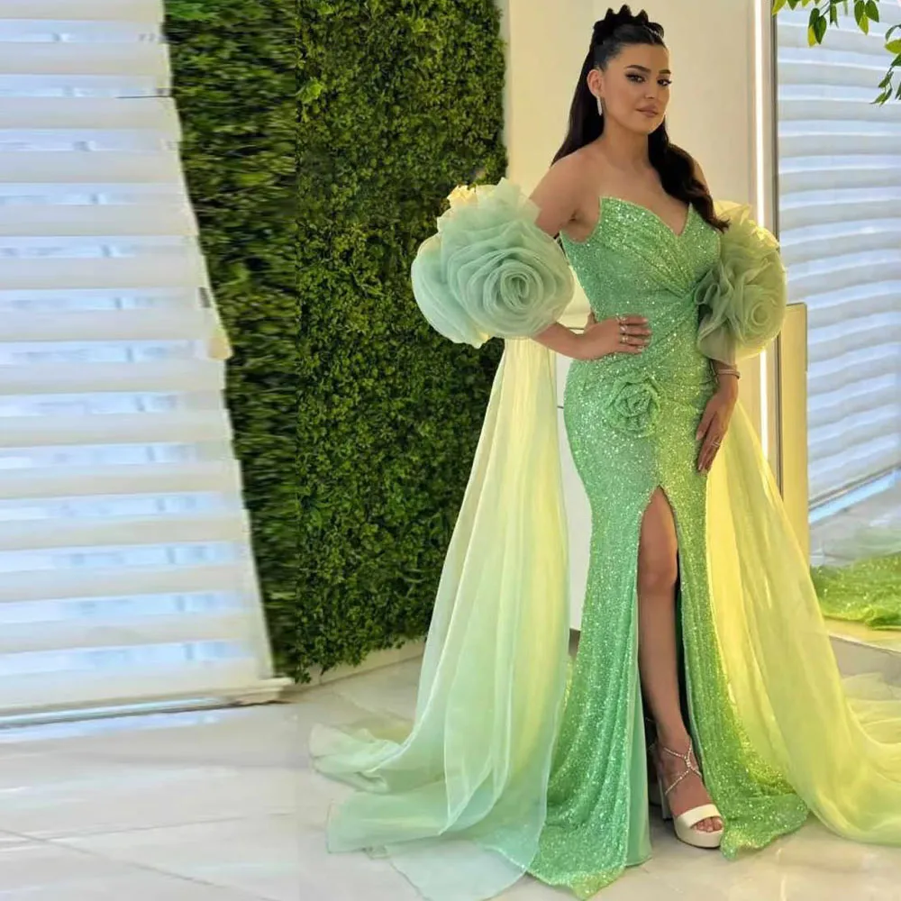 Customized Green Sequin Evening Dresses Flower Detachable Sleeves vestidos de gala Mermaid Wedding Guest Dress with Split