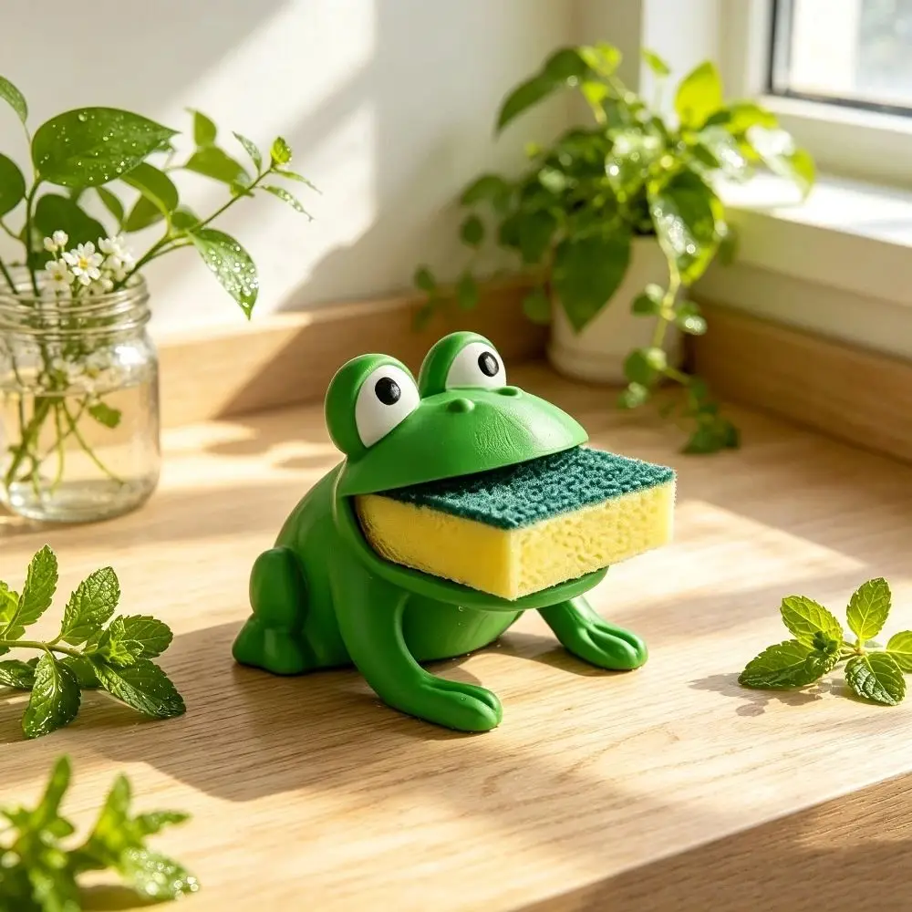 Funny Frog Shaped Sponge Holder Drainage System Plastic Sponge Dish Holder Countertop Decor Dish Sponge Organizer Kitchen