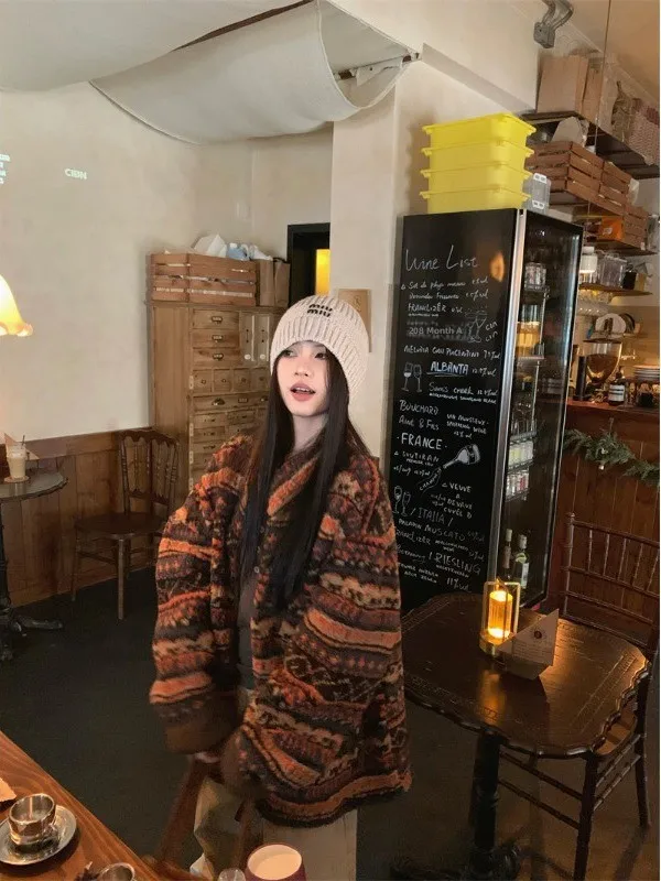 

plus Size Warm Casual Lamb Fur Jacket Loose Fit Winter New Style Slimming Outerwear Korean Style Long Sleeve Knitted Cardigan