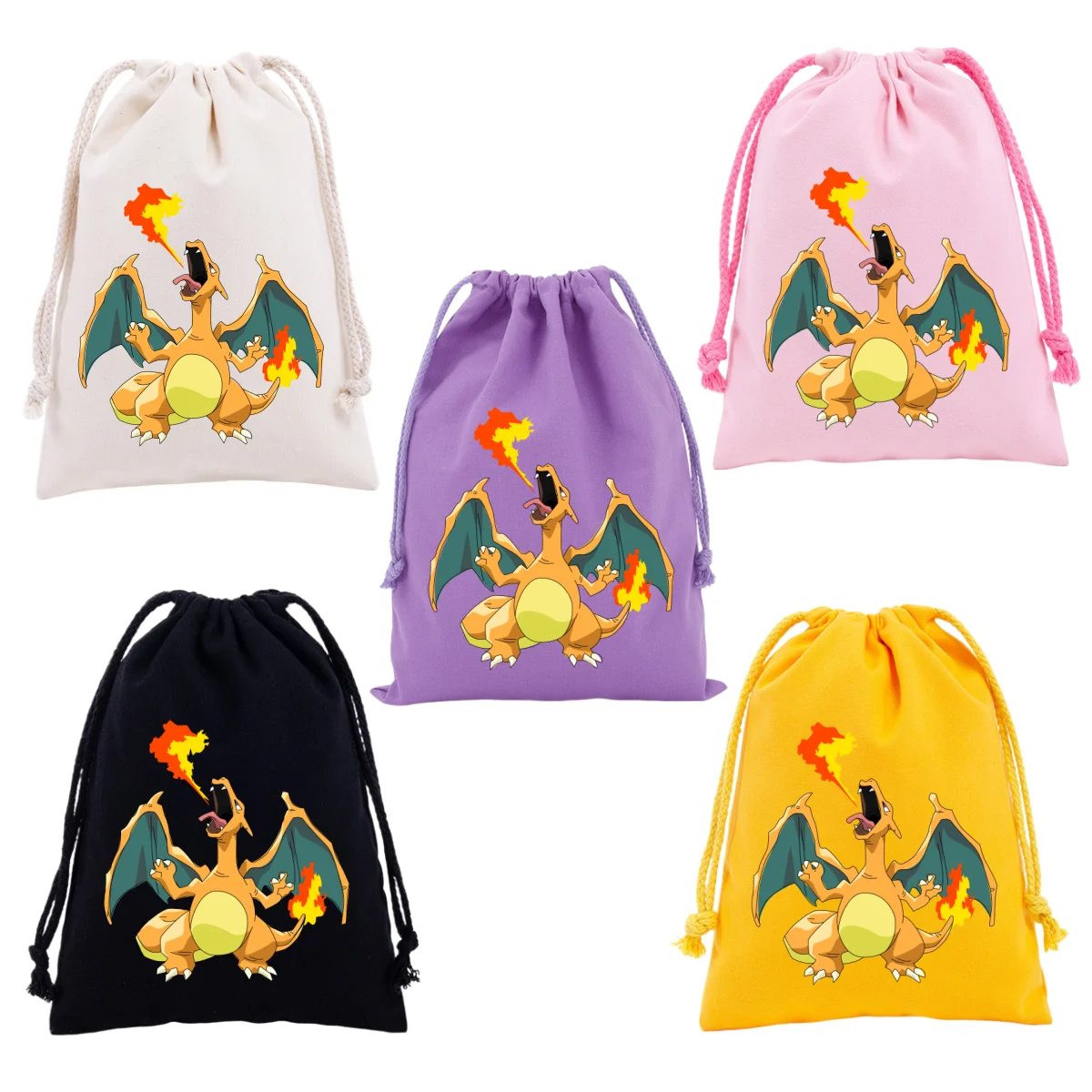 Anime Pokemons Drawstring Bags Cartoon Figures Pikachu Eevee Charizard Bulbasaur Print   Canvas Storage Bag Kids Party Gift Bag view 5