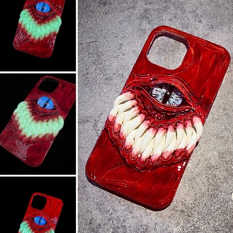 

4121 Original 3D Handmade Luminous Mobile Phone Case Cthulhu Eyes Evil Smiley Face Bloody Fangs Mobile Phone Case Custom Gift