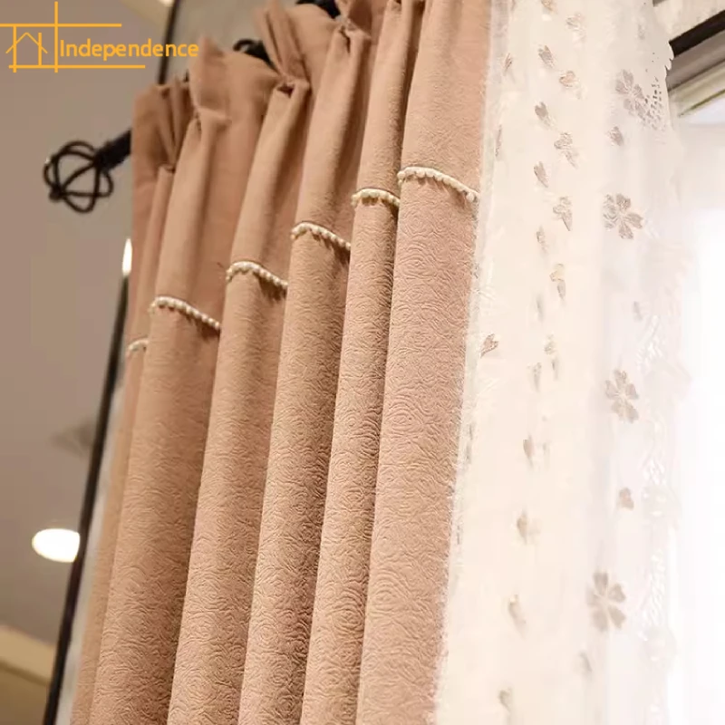 

Orange Pink Lace Patchwork Thickened Jacquard Chenille Curtains for Living Room Bedroom French Window Balcony Villa Customized