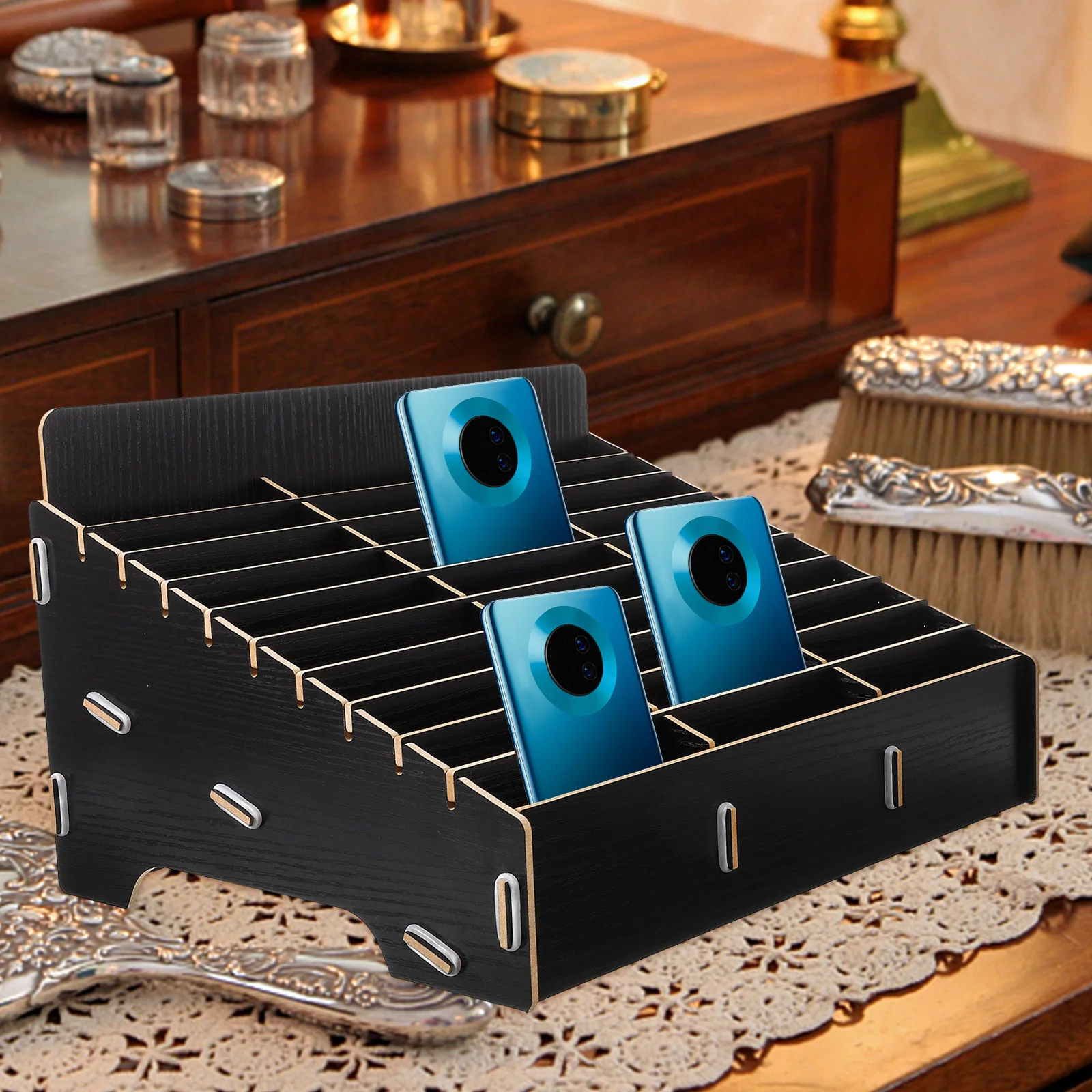 

Multifunctional Wooden Storage Box Desktop Mobile Phone Organizer Multi-Grid Tabletop Stand for Office Meeting Room Cell Phone