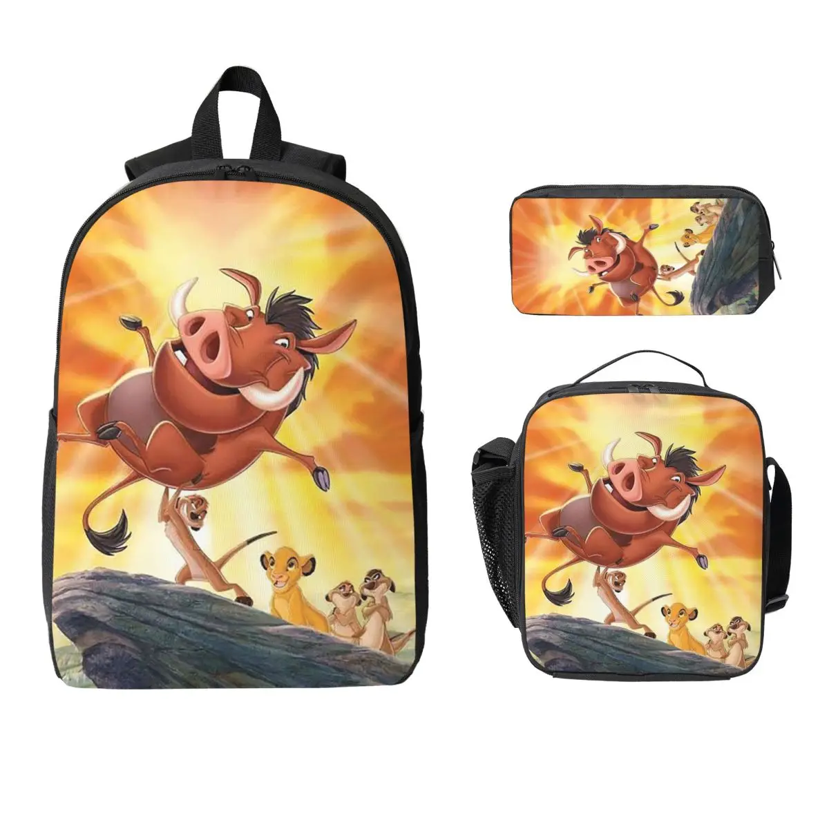

Timon And Pumbaa Backpack Student Boys Girls BookBag School Bag Computer Shoulder Bags 3ps Insulated Lunch Bag Pencil Case