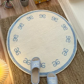 พรมกลมสําหรับห้องนอนแผ่นปูพื้นข้างเตียงนุ่มปุยเสื่อเท้าโบว์สีฟ้าพรมสาวน่ารักพรมตกแต่งบ้านพรม
