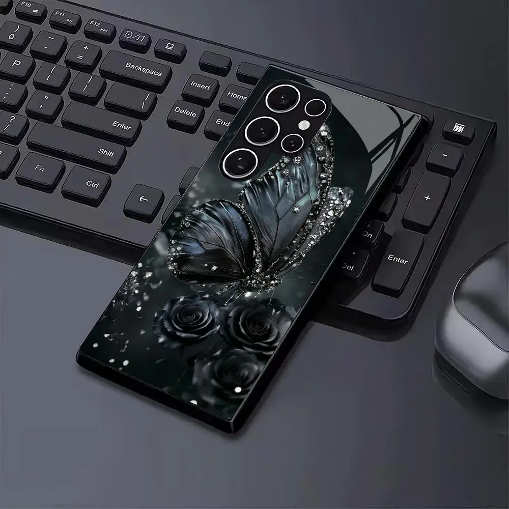 Black butterfly tempered glass phone case suitable for Samsung Galaxy S26 S25 S24 S23 S22 S20 FE/Ultra/Plus anti drop back cover