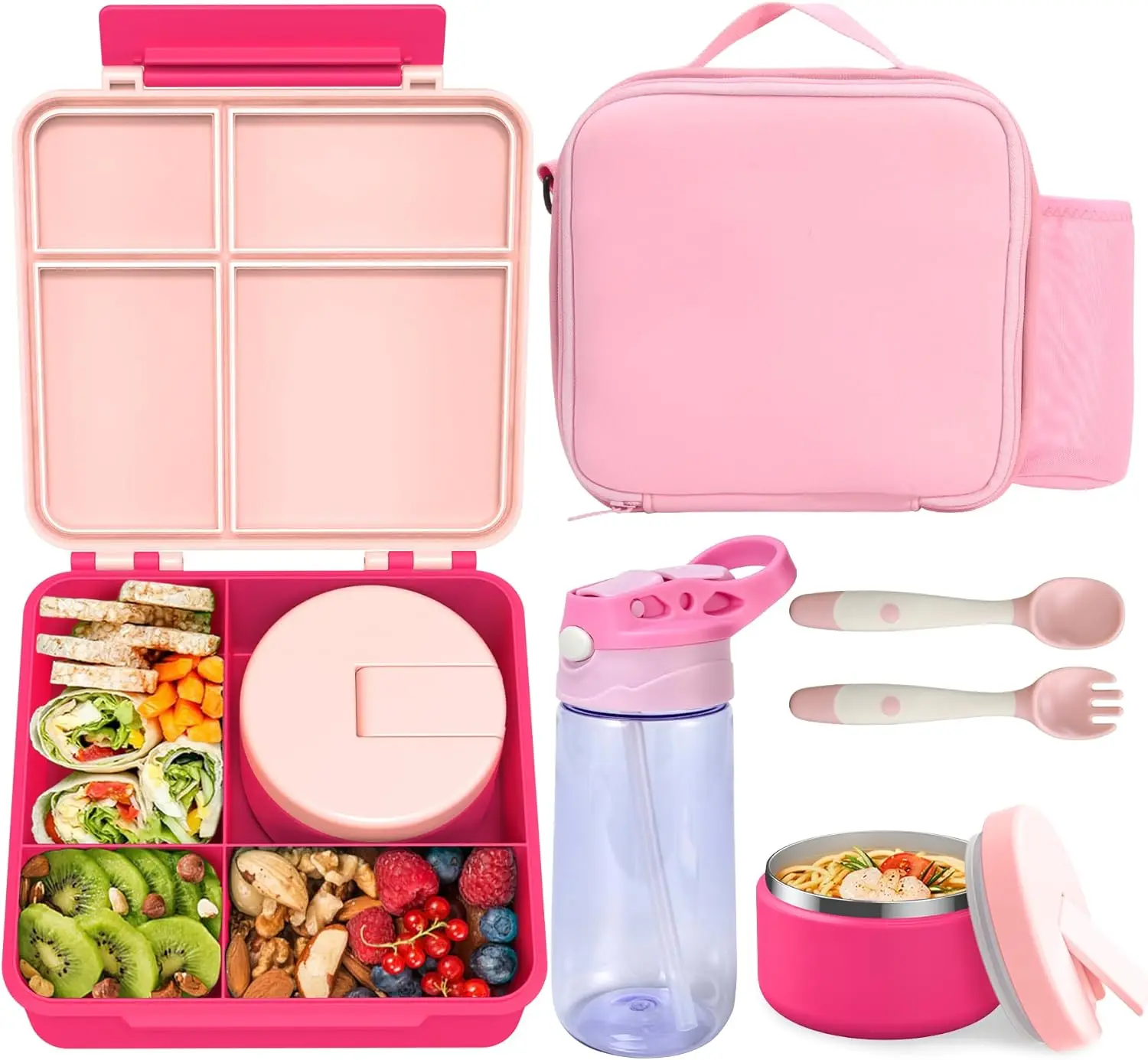 

Kids Bento Lunch Box with 8oz Soup Thermo, Water Bottle, Leakproof Lunch Food Containers with 4 Compartment, Kids Insulated Hot