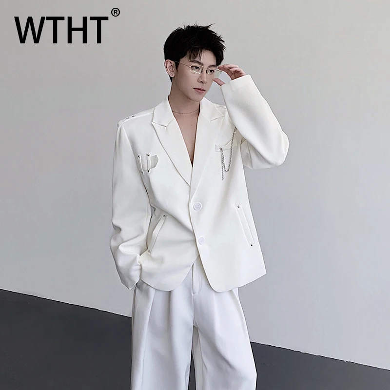 

WTHT Fashion Men's Soloid Color Spliced Chain Pockets Blazer Coats Trendy 2025 Autumn Long Sleeves Lapel Jackets Male 2A1491