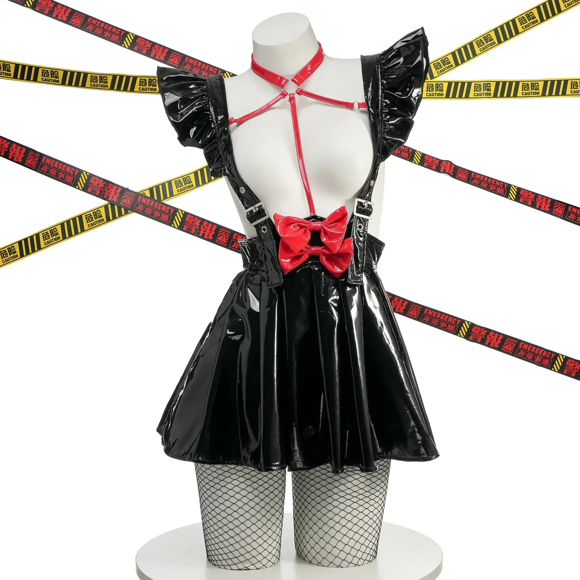 School Student Girl Anime Leather Suspender Skirt Women Red Bow Strap Halter Dress Cosplay Costumes