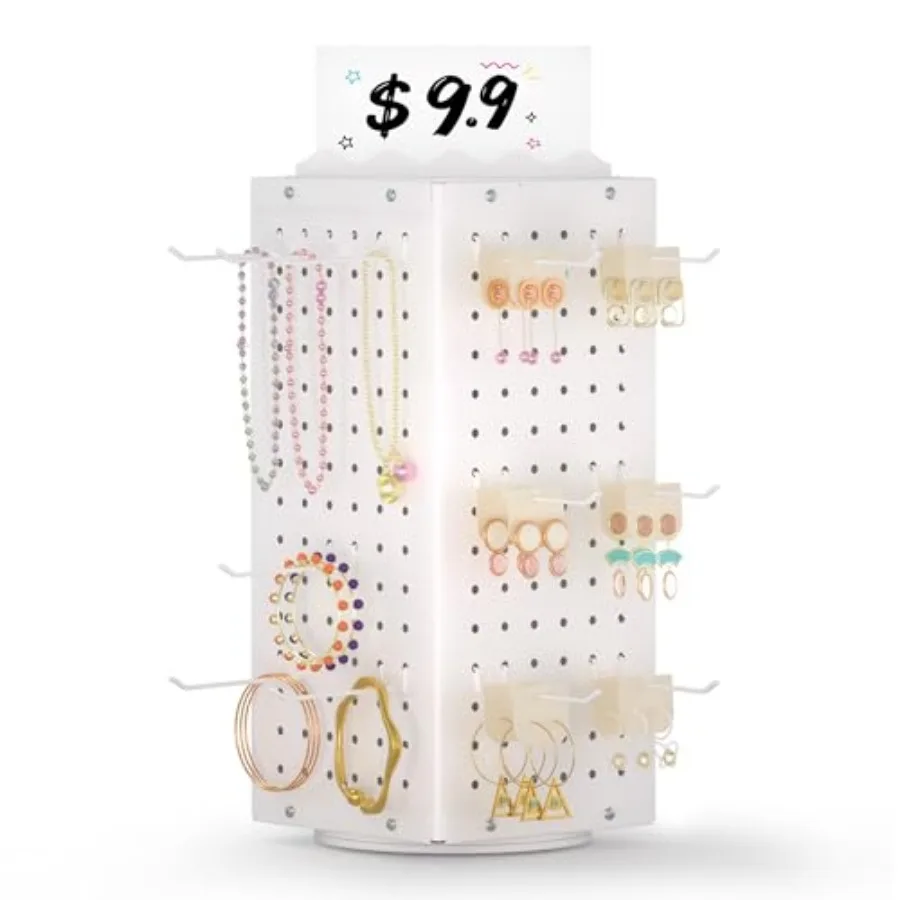 360 Rotating Pegboard Display Stand with Signage 4-Sided Spinning Peg Board Stand with 24 Hooks for Jewelry Earring and Keycha
