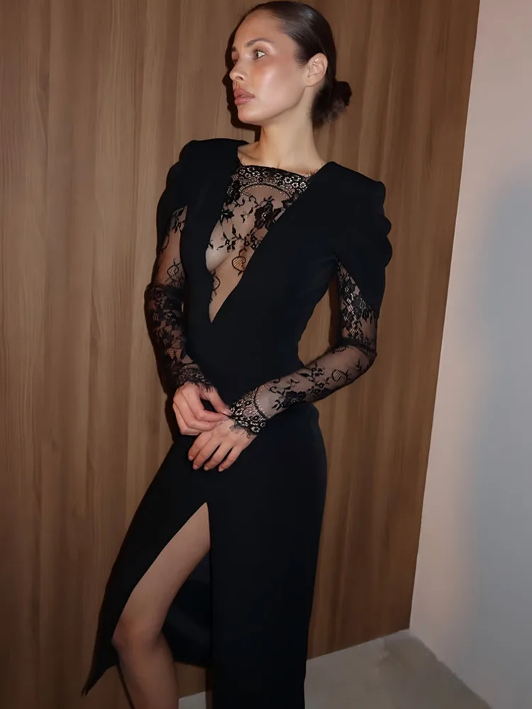 Oniflyme Hohe Schlitz Spitze Patchwork Maxi Kleid Frauen Elegante O Hals Langarm Sheer Bodycon Kleider Dame Abend Party Vestido
