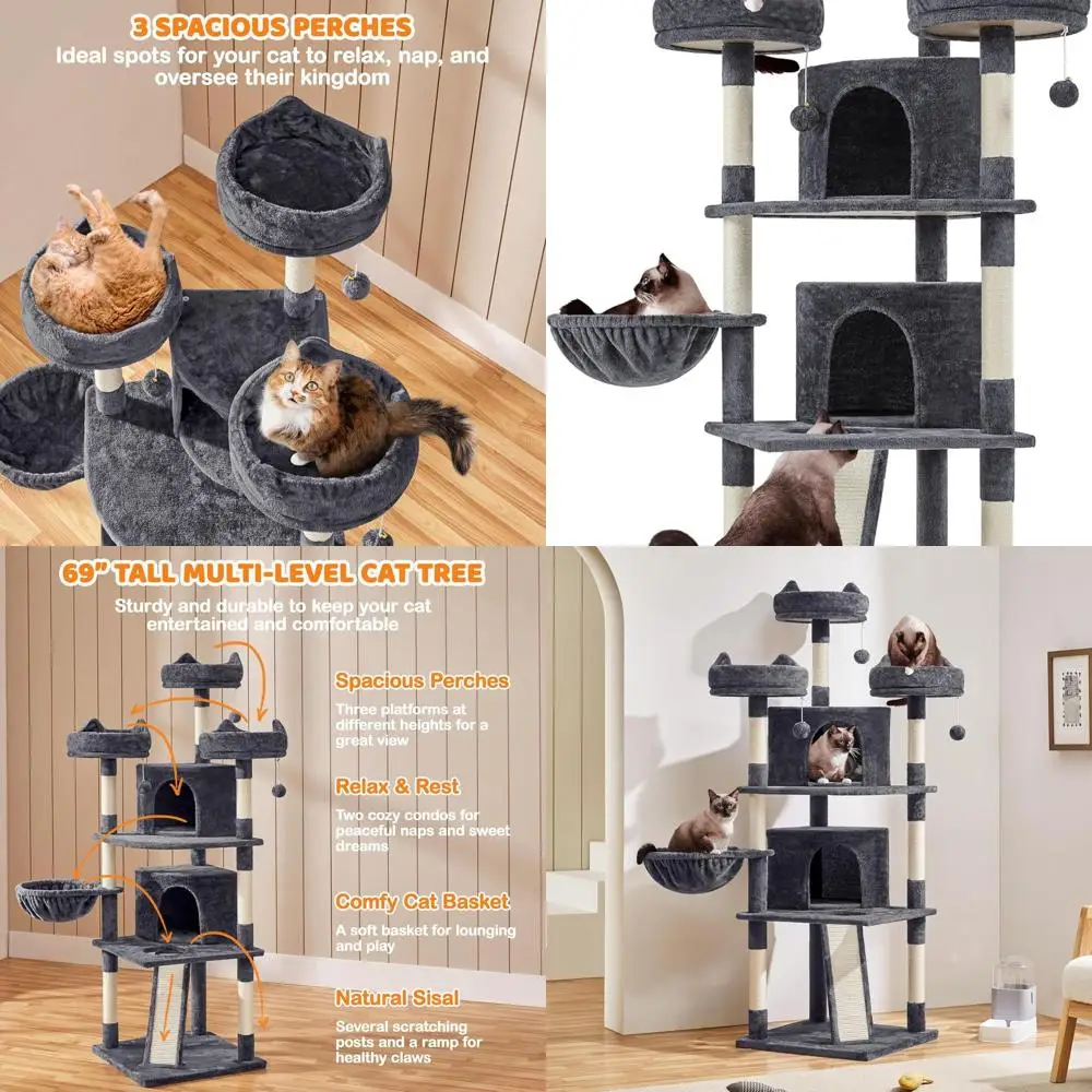 

Multi-Level Cat Tower for Large Cats with 3 Wide Perches, Large Condo, Stable Playhouse, Sisal Scratching Posts & Board, Dark Gr