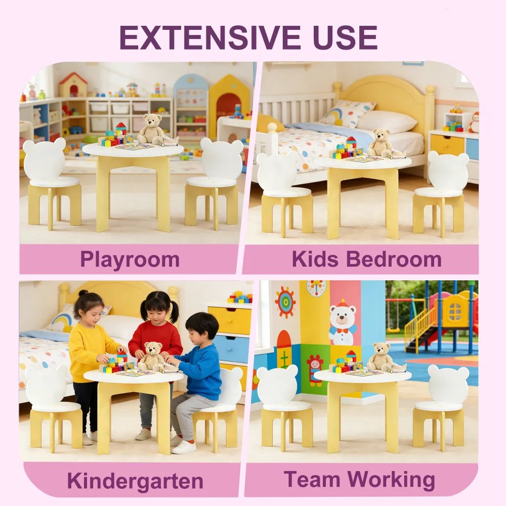 Orraves Kids Table and Chair Set, 3-Piece Toddler Table with 2 Chairs, Cute Bear-Back Chairs, Sturdy Wooden Activity Table Set for Kids, Playroom, Bedroom, Preschool image 4