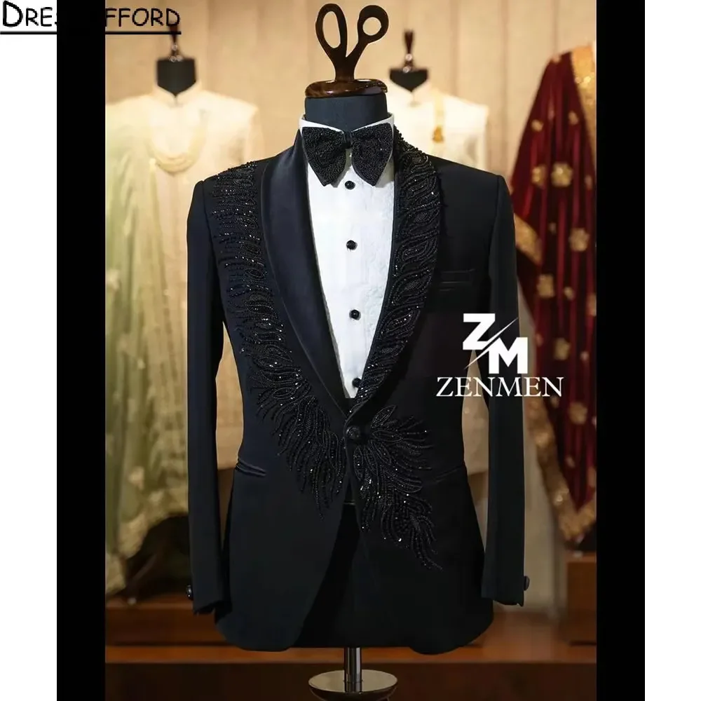 Black Beading Crystal 2 Pieces Men Suits Evening Party Blazer Groom Wear ( Jacket + Pants )