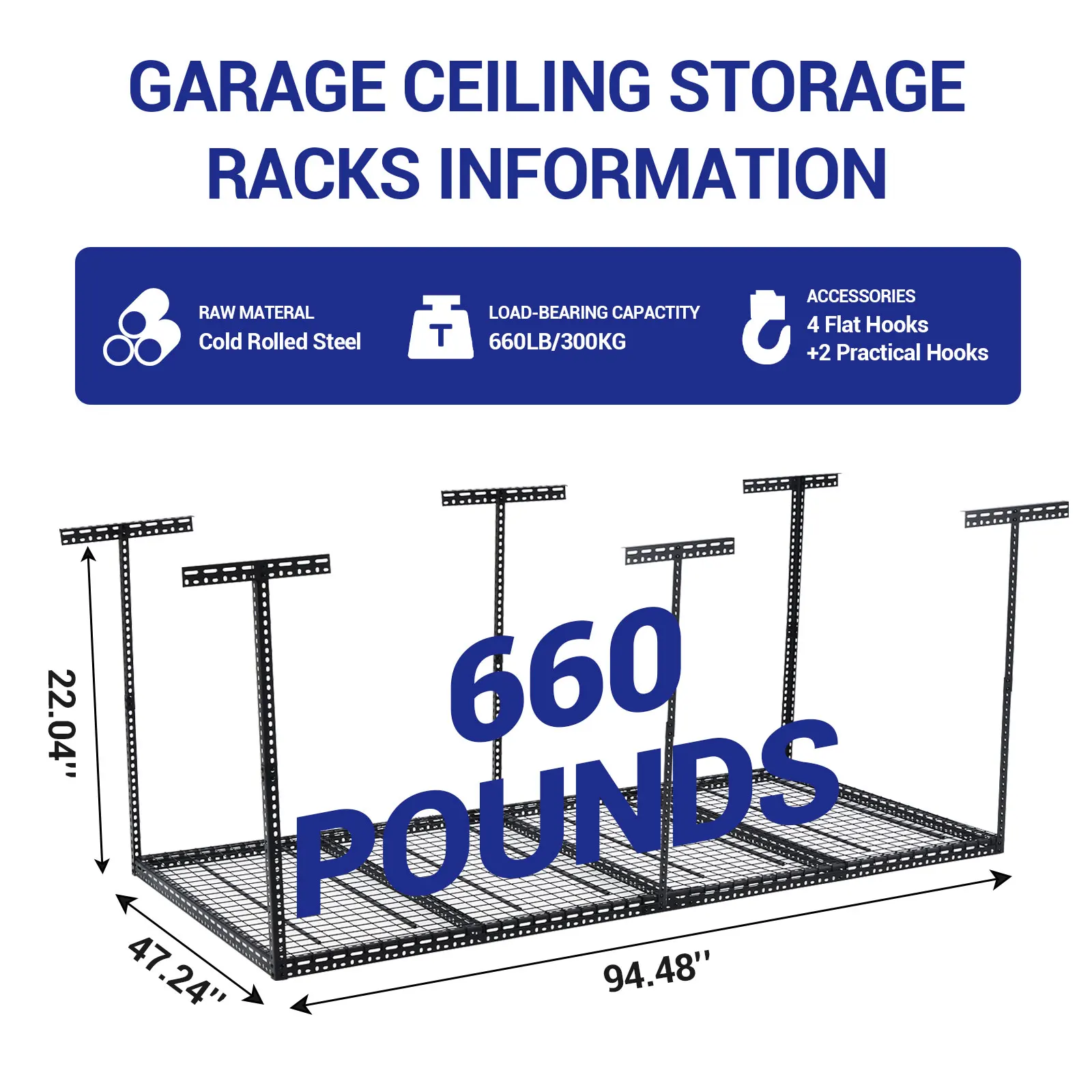 Heavy Duty Overhead Garage Storage Rack - Steel Ceiling Mounted Organizer - Adjustable Height - 660 lbs Capacity - Space-Saving for Garage, Basement, or Warehouse - Black, Multiple Sizes
