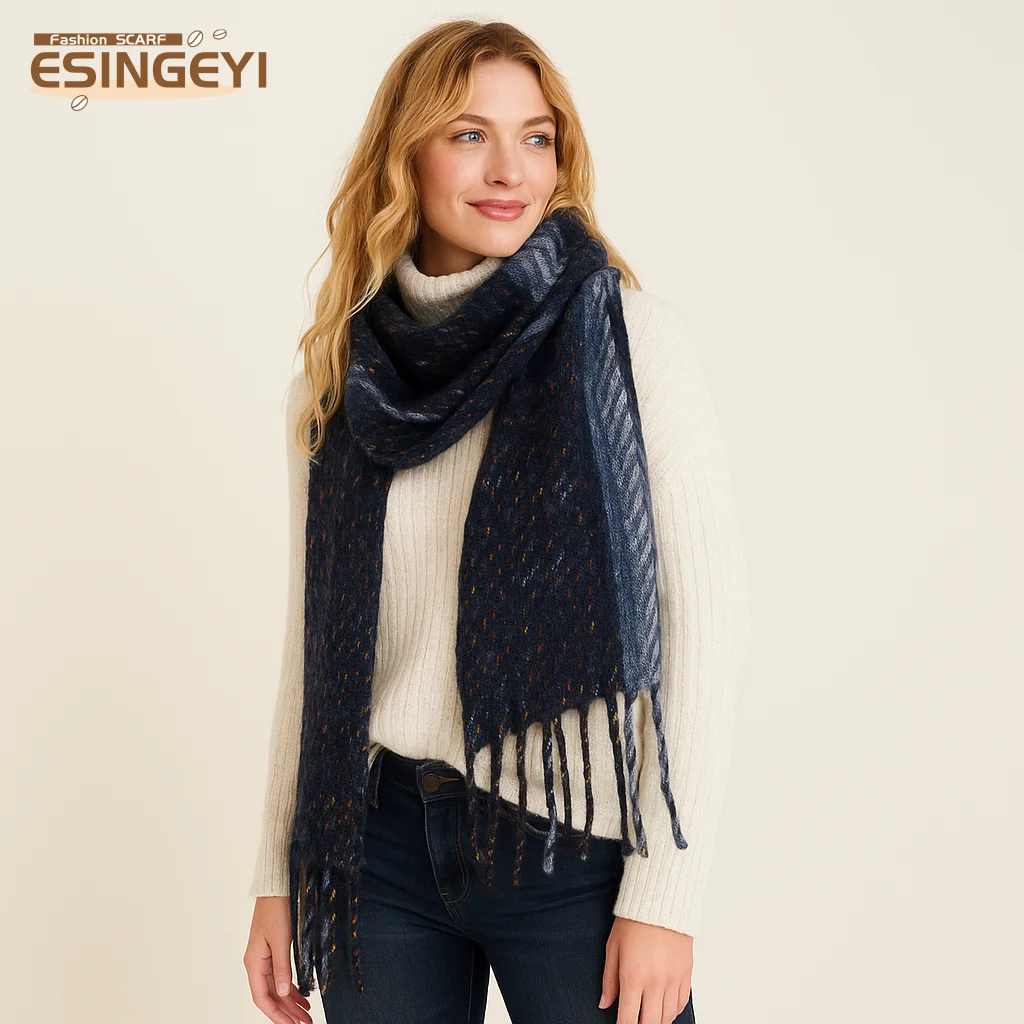ESINGEYI 2025 зимние шарфы, женские платки, пряжа-петля, круг, женский шарф, шейный платок, волосатая кисточка, клетчатая красочная шаль с цветочным принтом
