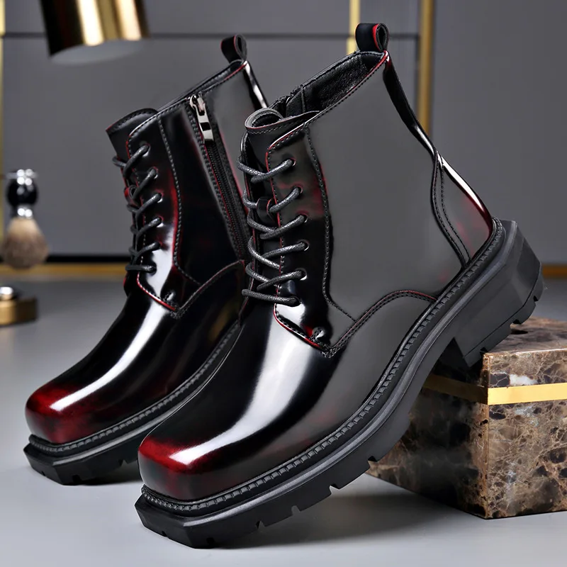 

Men's Boots High Quality Patent Leather High-top Boots Fashion Men's Motorcycle Boot Classic Lace Up Ankle Boots Leather Booties