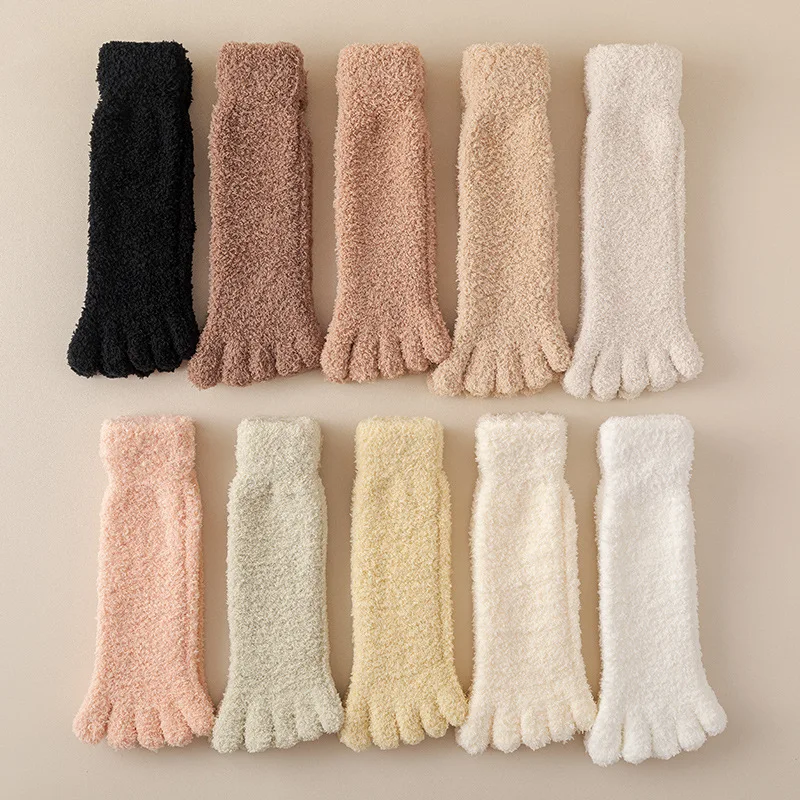 

Coral Fleece Solid Color Five-Finger Mid-Tube Women's Socks Women's Autumn and Winter Style Plus Velvet Warm