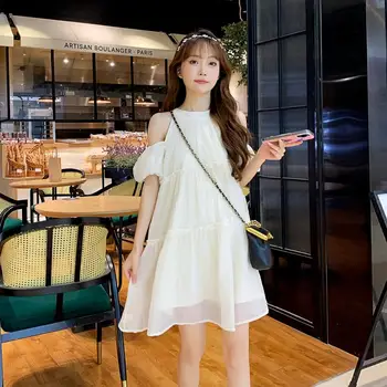 블랙 베이지 여름 원피스 한국 스타일 임산부 어깨 없는 짧은 출산 볼 가운, 원피스 달콤한 임신 미니 드레스