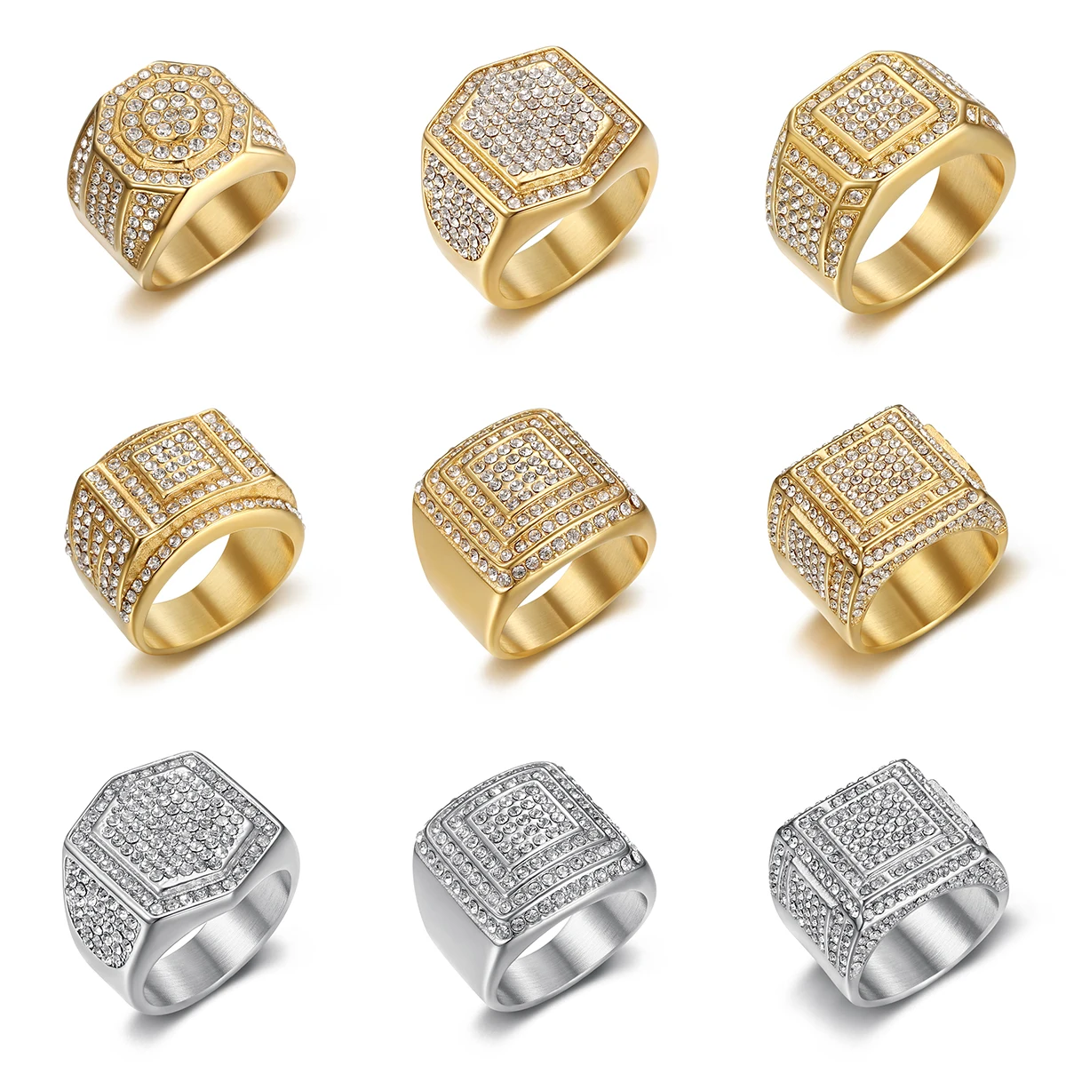 

Men's Crystal Iced Out Rings 18K Gold Plated Stainless Steel Hip Hop Jewelry for Party Gift