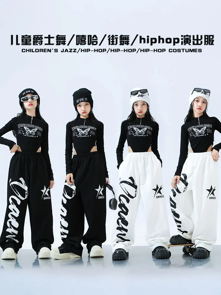 Kids Hip Hop Clothes Print Long Sleeve Exposed Navel Black Top Loose Pants Street Dance Costume Girls Jazz Performance Suit