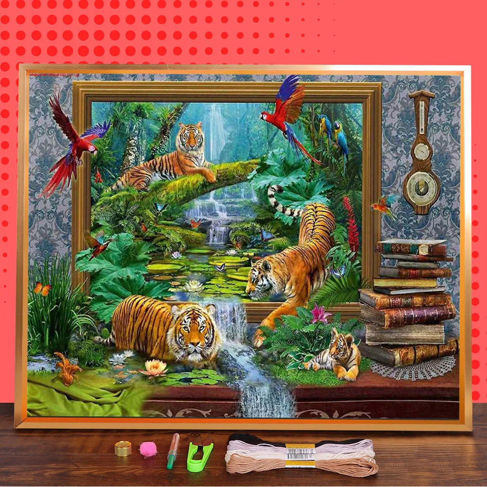 Animal Tiger Leopard Printed Canvas 11CT Cross-Stitch Full Kit DIY Embroidery DMC Threads Handicraft Knitting     Promotions