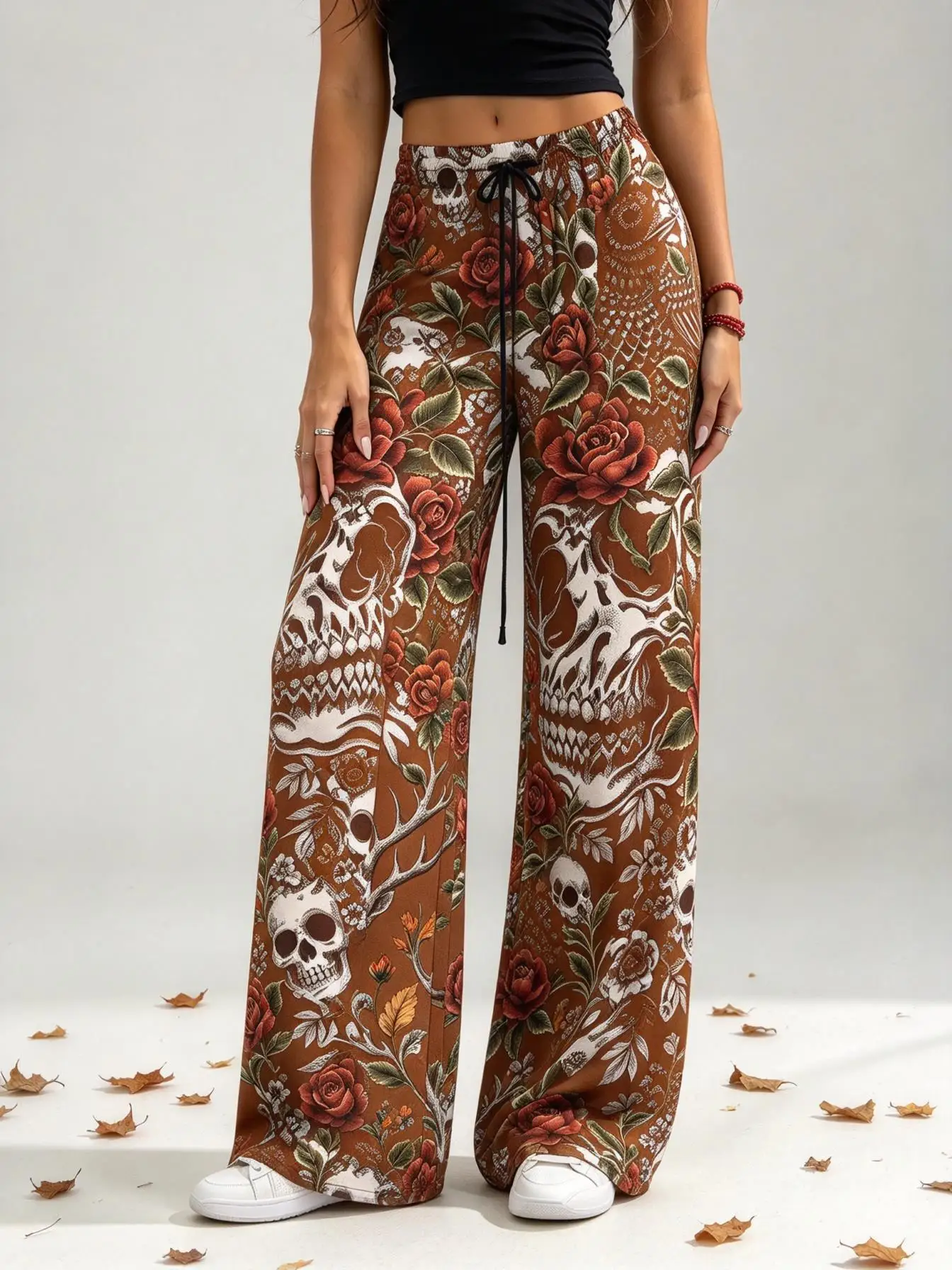 Ladies Halloween Wide Leg Pants, Gothic Skull Rose Leaf Print Elastic Drawstring Waist Casual Trousers