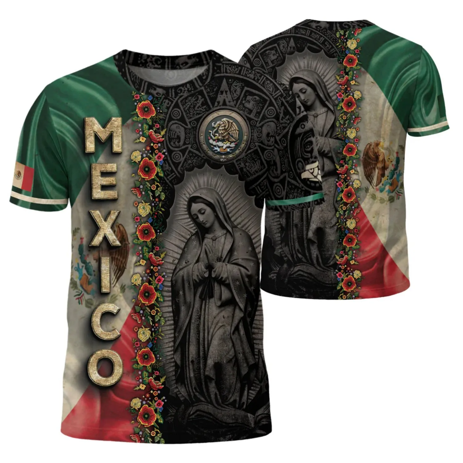Mens Round Neck T Shirt Mexico Floral Virgin Graphic Short Sleeve Casual Top with Green Flag Panel and Golden Letter Design Tees