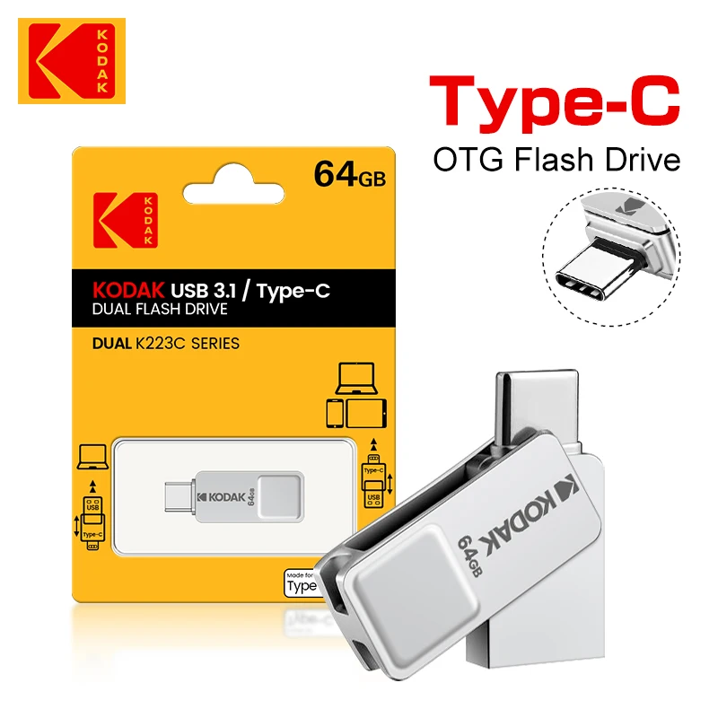 KODAK USB3.1 Tipe C K223C 2 In 1 USB Flash Drive 128GB 64GB Flashdisk Kecepatan Tinggi Dual Memory Stick untuk Smartphone Laptop
