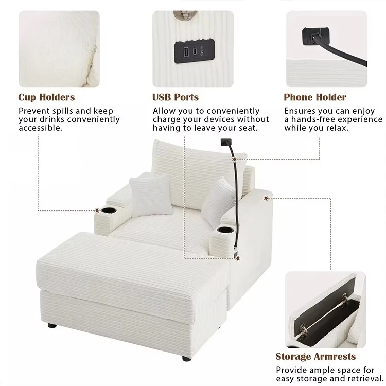 Modern Design Corduroy Fabric Sectional Single Sofa with Electric Functional and Sofa Bed for Living Room and Apartment